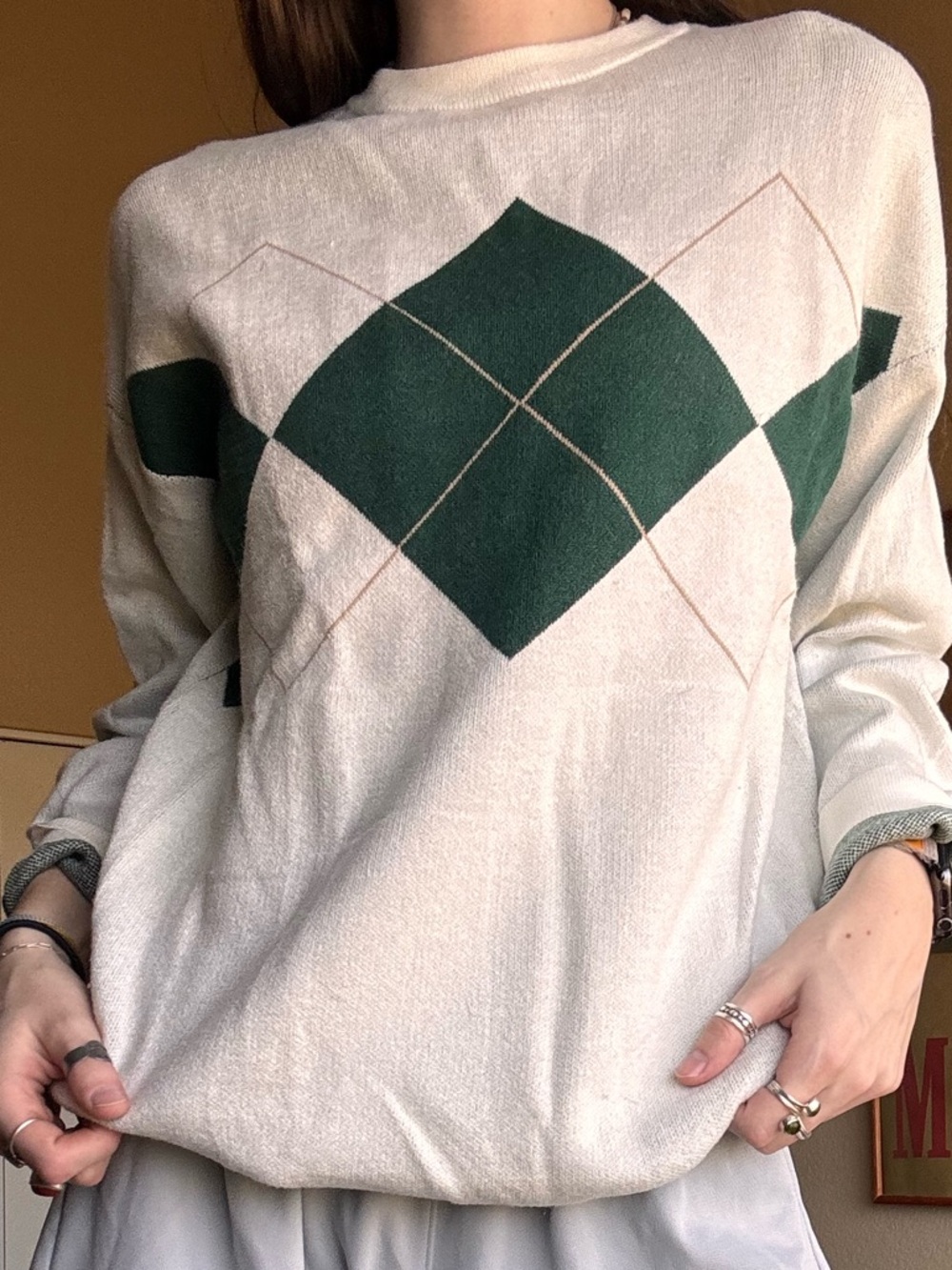 Cream Sweater with Dark Green Argyle